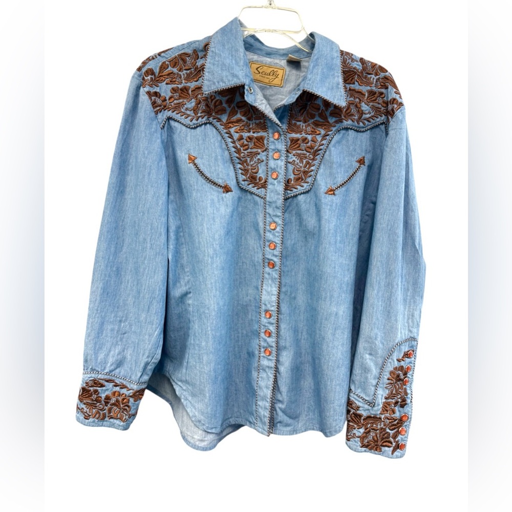 Scully Light Blue Denim Button-Down Shirt with Brown Floral Embroidery